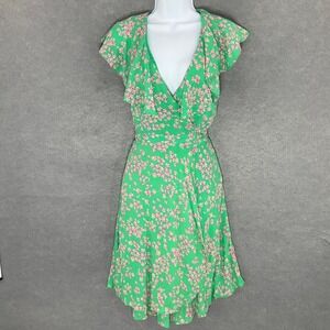 Draper‎ James Floral Wrap Dress Ruffle Trim Green Pink Romantic Feminine XS